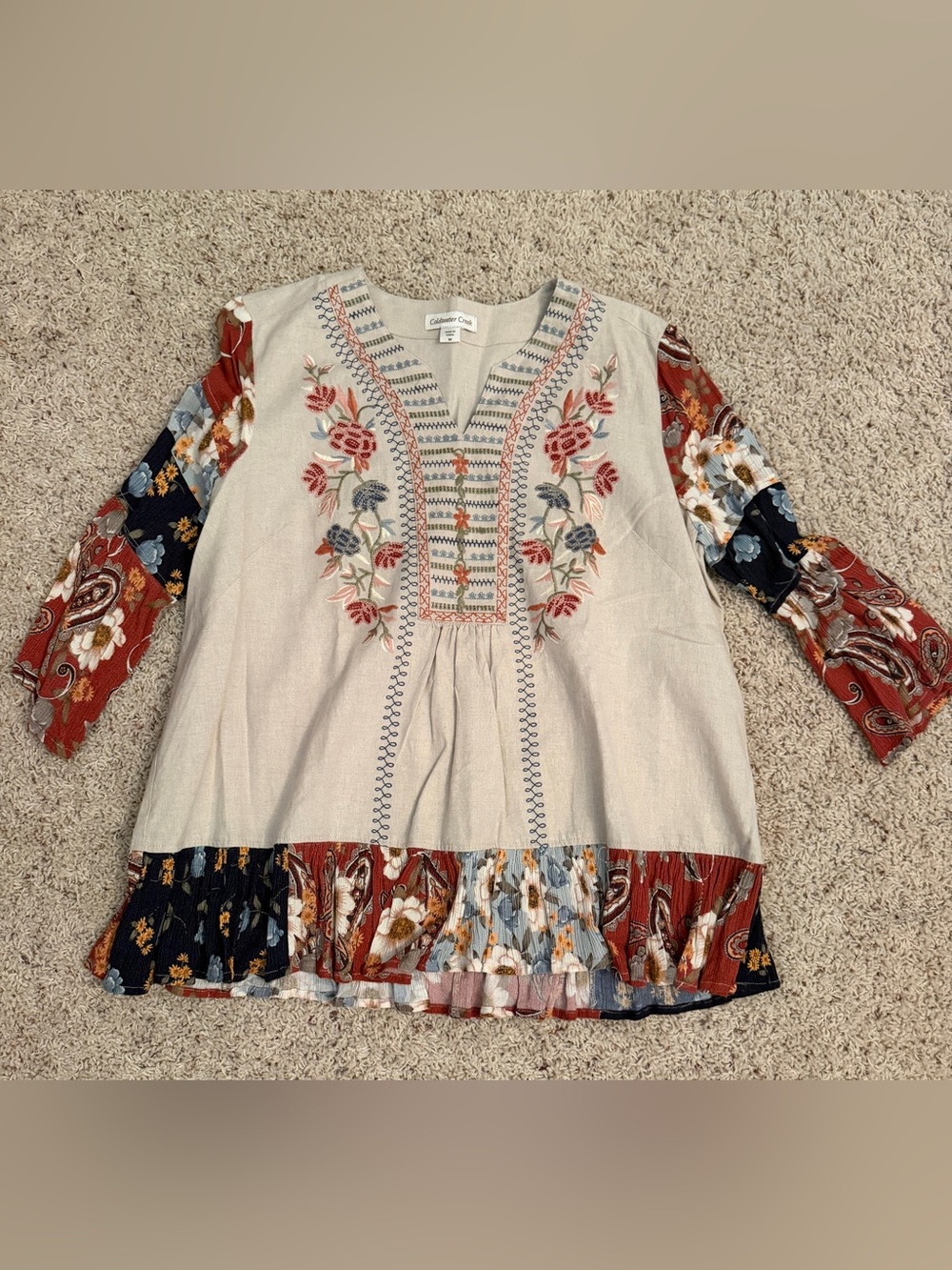Coldwater Creek Cream Embroidered Boho Tunic with Rust & Navy Patchwork